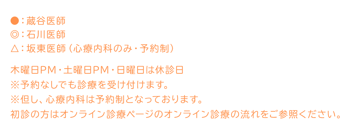 ●：蔵谷医師  ◎：石川医師  △：坂東医師（診療内科のみ・予約制）